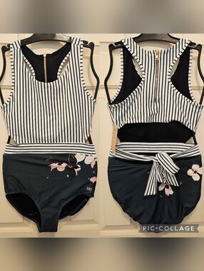 NWT Albion Fit Bon Voyage One Piece Striped Top & Floral Bottom Swim Suit.